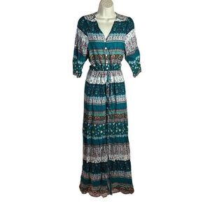 NWT Boutique Green Floral Paisley Boho 3/4 Sleeve Maxi Dress Size Small